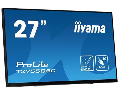 MONITOR IIYAMA 27" IPS BONDED PCAP 10P TOUCH, MPP2.0 (ACTIVE STYLUS) SUPPORTED, 2560X1440, FLAT BEZEL FREE GLASS FRONT, HDMI, DISPLAYPORT, 360CD/M², USB HUB 2X 3.2, SPEAKERS, BOOKSTAND (T2755QSC-B1)