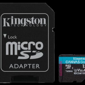 Kingston Technology Tarjeta microSDXC Canvas Go Plus Gen4 de 128 GB, 200 MB/s, A2 U3 V30 y adaptador