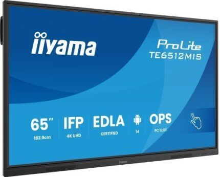 MONITOR INTERACTIVO IIYAMA 65" EDLA, ANDROID 14, 8/128GB, 40-P,3840X2160,UHD,MM 2X 20W,VGA,HDMI 2X /1XOUT, 2X USB-C,MINI-JACK OPTICAL OUT,USB TOUCH, 400CD/M2,LANDSC MODE,MEDIA PLAY USB, AG,LAN,RS232C,IIWARE,WIFI/BT,VESA 600X400,SLOT OPC (TE6512MIS-B4