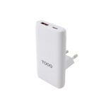 TooQ Cargador de viaje Tipo C y Tipo A, GaN 65W, USB-C/PD + USB-A/QC, Blanco