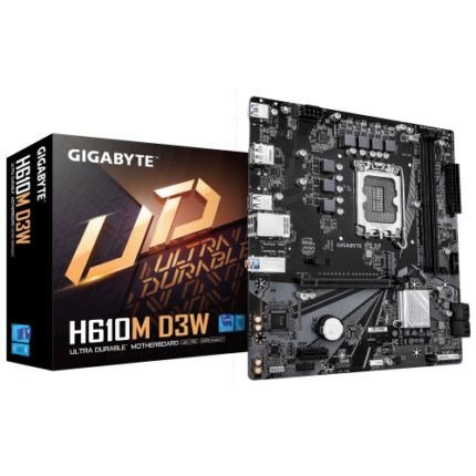 GIGABYTE H610M D3W Placa Base - Compatible con procesadores Intel Core de 14ª generación, VRM de 5+1+1 fases, hasta 5600MHz DDR5, 1xPCIe 3.0 M.2, LAN 1GbE, USB 3.2 Gen 1