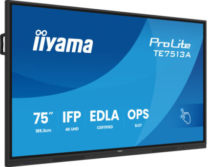 IIYAMA 75" (EDLA)/ANDROID 14,8 CORE SOC, 8/128GB, 40-PTS  UHD , NFC, PIR , MM 2X20W +20W SBUW, 2XHDMI, USB-C / HDMI,DP, 2XUSB-C100W PD/MINI-JACK / OPT.OUT, 450CD/M2, L/S MODE, AG GLASS, LAN, WIFI6, BT5.0/IIWARE, PC SLOT,800X400 (WM INCL.) (TE7513A-B2
