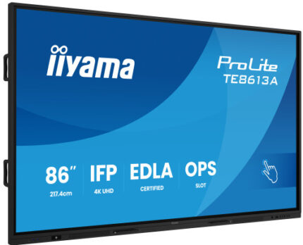 IIYAMA 86"  (EDLA)/ANDROID 14,8 CORE SOC, 8/128GB, 40-PTS  UHD , NFC, PIR , MM 2X20W +20W SBUW, 2XHDMI, USB-C / HDMI,DP, 2XUSB-C100W PD/MINI-JACK / OPT.OUT, 450CD/M2 , L/S MODE, AG GLASS, LAN, WIFI6, BT5.0/IIWARE, PC SLOT,800X600 (WM INCL.) (TE8613A-
