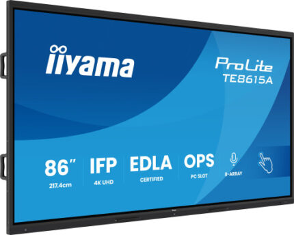 IIYAMA 86" STYLISH IFP,  (EDLA)/ANDROID 14,8 CORE SOC, 8/128GB, 40-PTS, UHD , NFC, PIR , MM 2X20W +20W SBUW, 8-ARRAY MICRO, 2XHDMI, HDMI-OUT, DP, USB-C100W PD/ MINI-JACK / OPT.OUT, 550CD/M2, L/S MODE, AG GLASS, LAN, WIFI6, BT5.0/IIWARE, PC SLOT,800X6