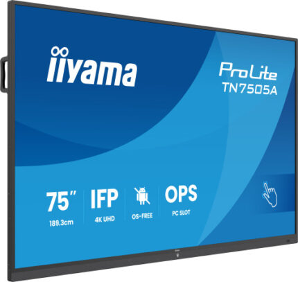 IIYAMA 75" IFP OS-FREE, 40-PTSIR+ WITH,AG / BACTERIA COATING UHD  MM 2X20W FRONT+20W SBUW, VGA, HDMI 2X, DP, USB-C 65W PD, PC SLOT, PIP/PBP, ANNOTATION FUNCTION,MINI-JACK 450CD/M2, L/S MODE, CONTROL: 2XLAN / ,800X400 (WM INCL.) (TN7505A-B1AG)