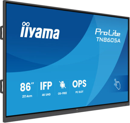 IIYAMA 86" IFP OS-FREE, 40-PTSIR+ WITH,AG / BACTERIA COATING UHD  MM 2X20W FRONT+20W SBUW, VGA, HDMI 2X, DP, USB-C 65W PD, PC SLOT, PIP/PBP, ANNOTATION FUNCTION,MINI-JACK 450CD/M2, L/S MODE, CONTROL: 2XLAN / ,800X600 (WM INCL.) (TN8605A-B1AG)