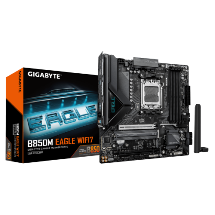 GIGABYTE B850M EAGLE WIFI7 Placa Base – CPUs AMD Ryzen Serie 9000, VRM digital de 8+2+2 fases, hasta 8200 MHz DDR5 (O.C.), 1× M.2 PCIe 5.0 + 1× M.2 PCIe 4.0, Wi-Fi 7, LAN 2.5 GbE, USB 3.2 Gen 2